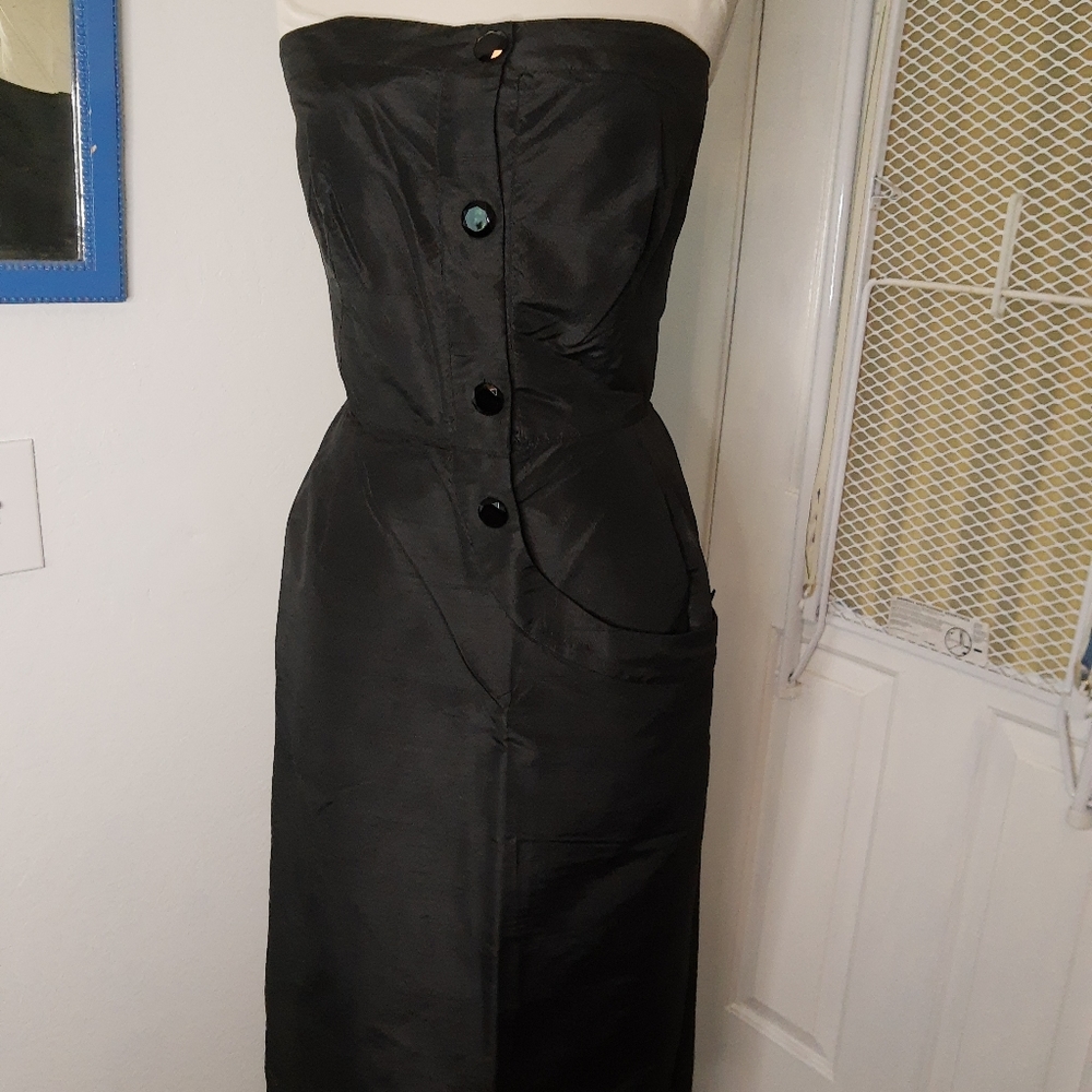 1950s black raw silk wiggle dress m